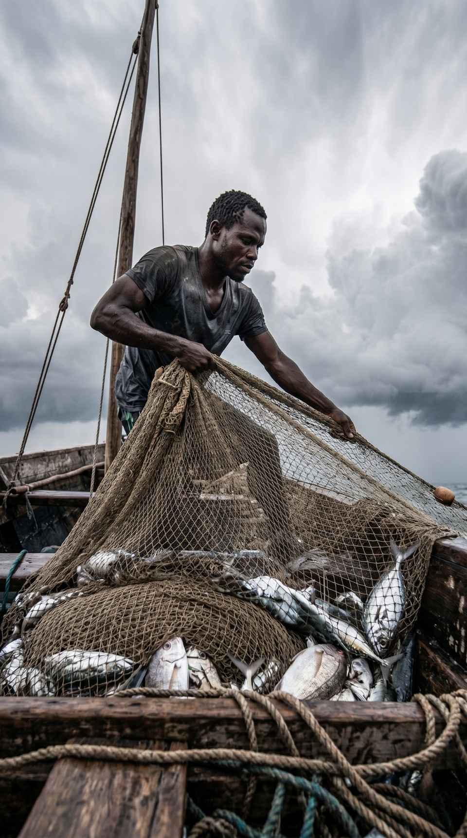 A local fisherman handling a net full of fresh catch on a traditional wooden boat off the coast near an Exploreans destination.