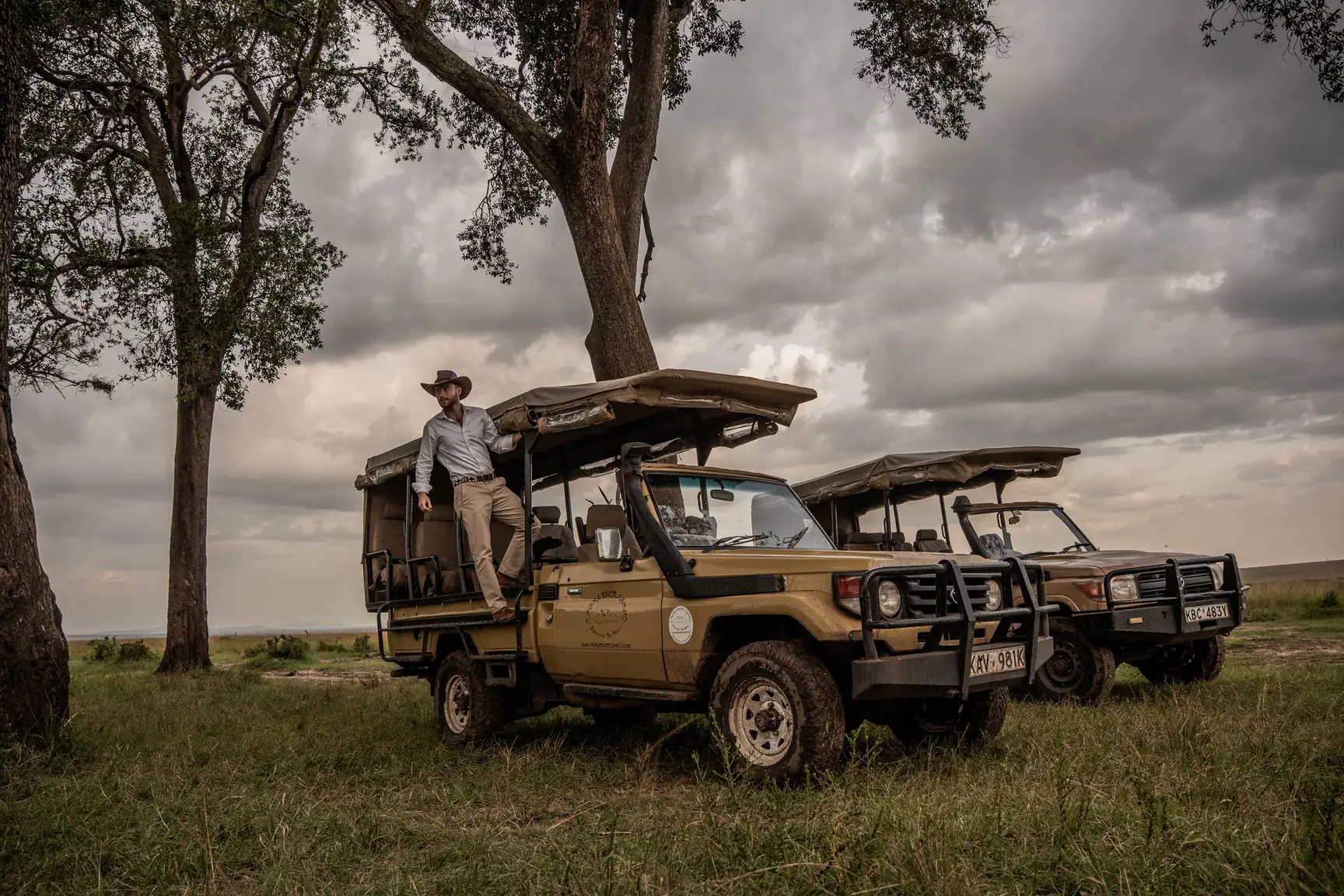 A guide standing on a safari vehicle beneath an acacia, looking out over the plains