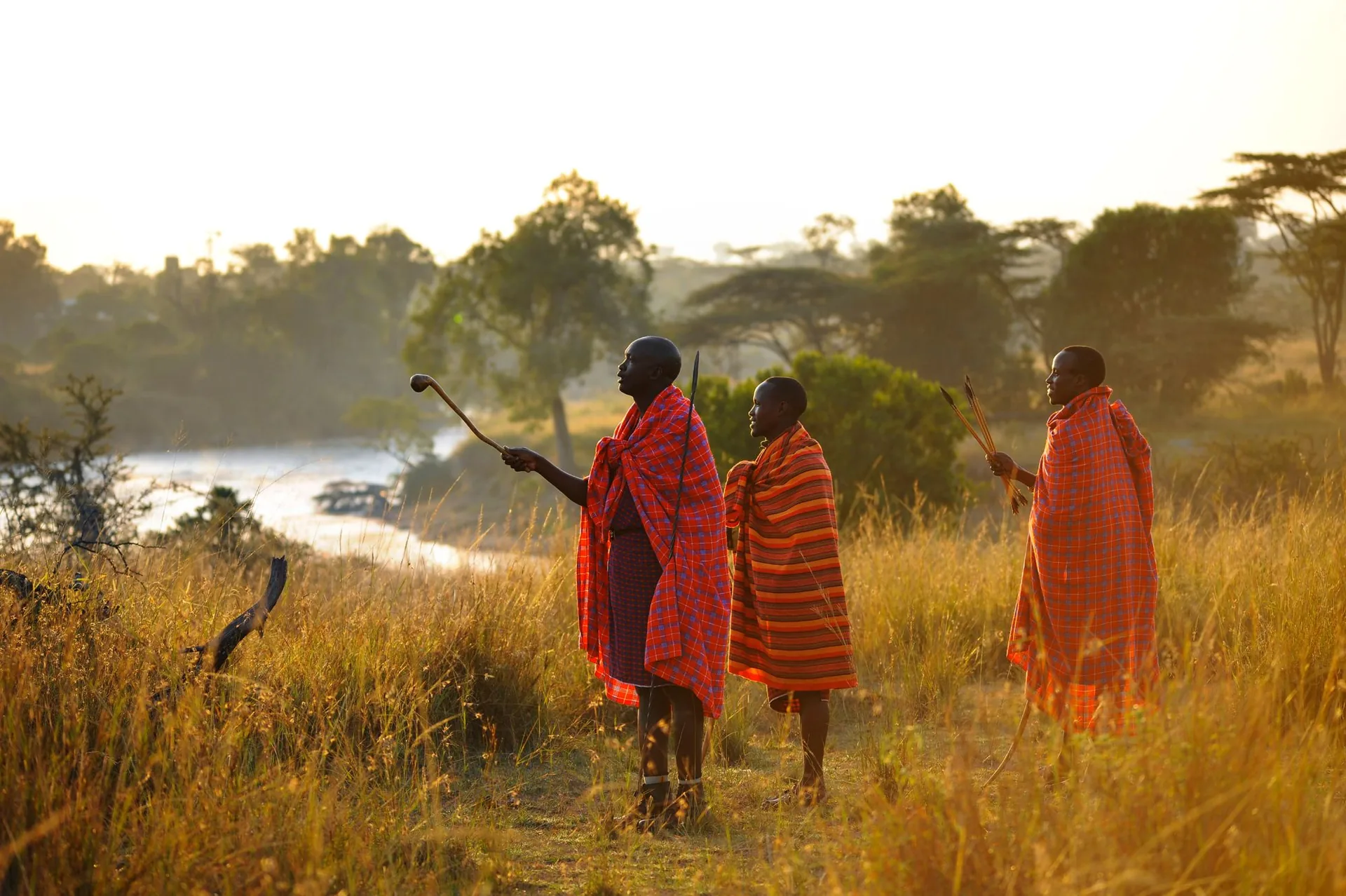 Three Maasai guides in red shukas in the long grass above the river at first light, one pointing ahead