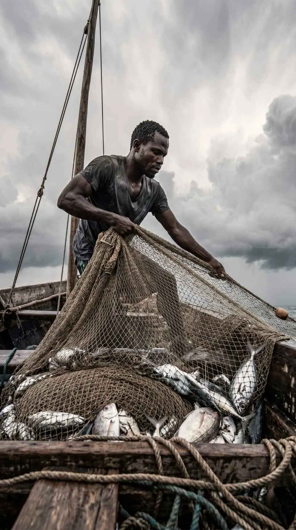 A fisherman hauling a net of fresh catch aboard a wooden boat