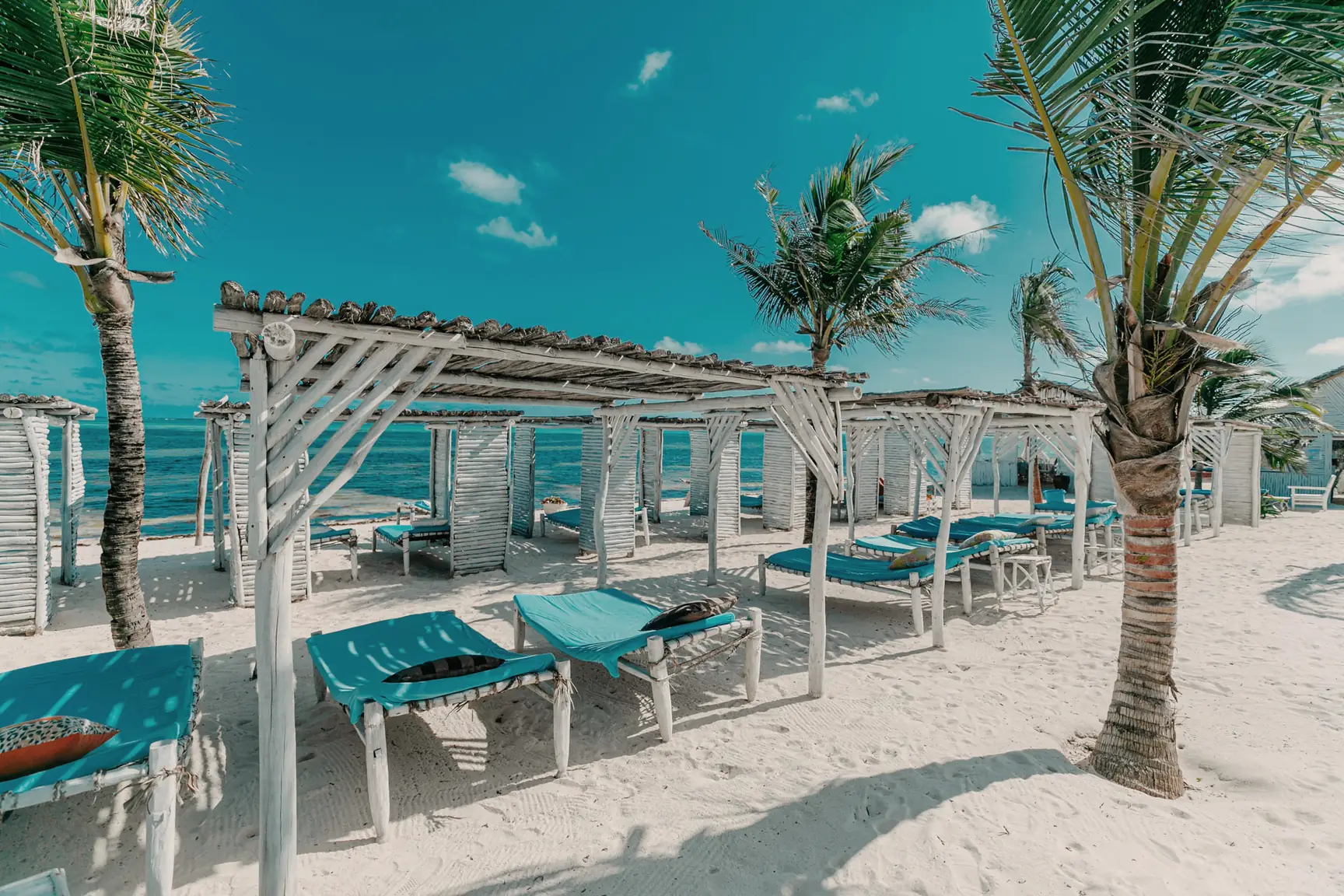 Thatched gazebos and sunbeds under the palms at the beach club on Mayungu Bay