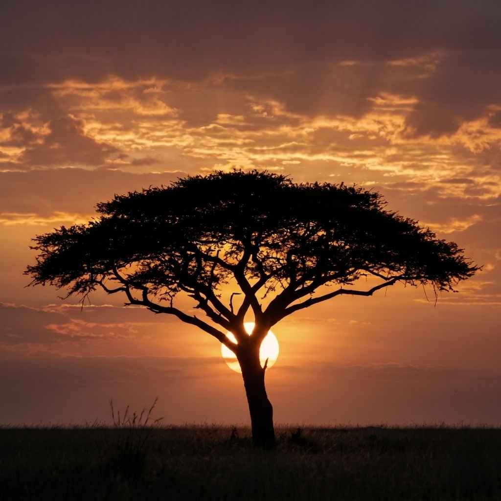 A solitary acacia tree silhouetted against a golden sunset in the vast Kenyan savanna wilderness near Exploreans properties.